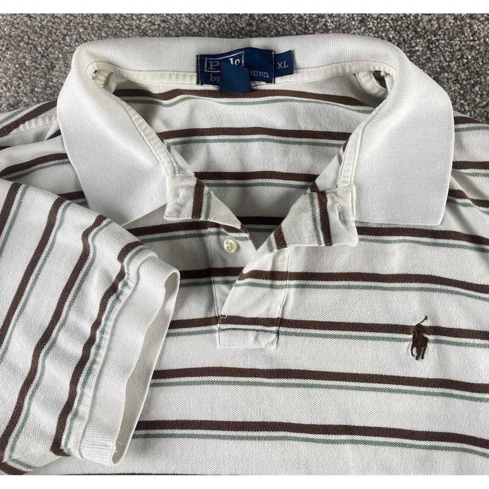 Polo Ralph Lauren Green/Brown/White Striped Polo Shirt Mens XL Brown Pony Cotton